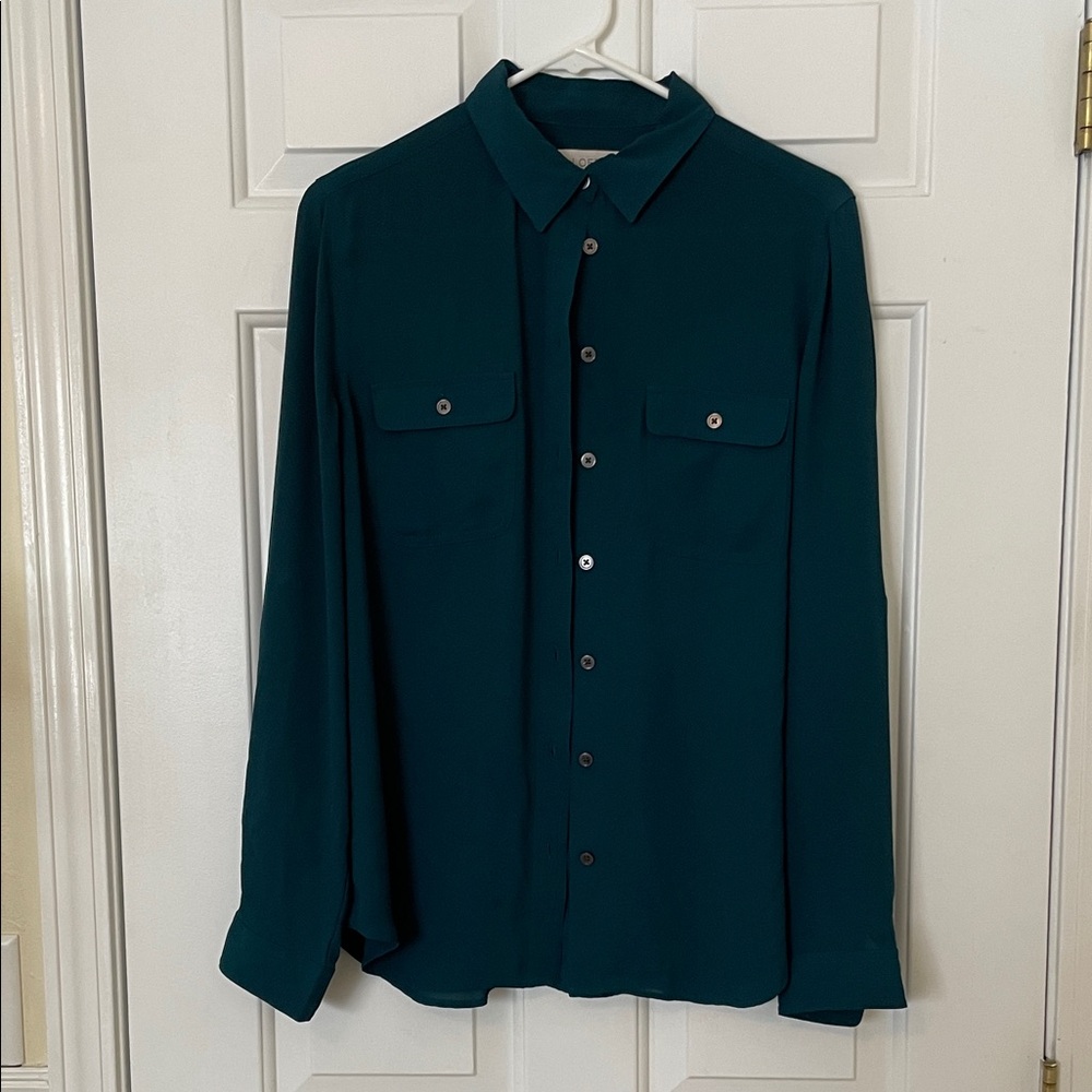 LOFT Utility Shirt, Teal Button-Up Long Sleeve Shirt, M